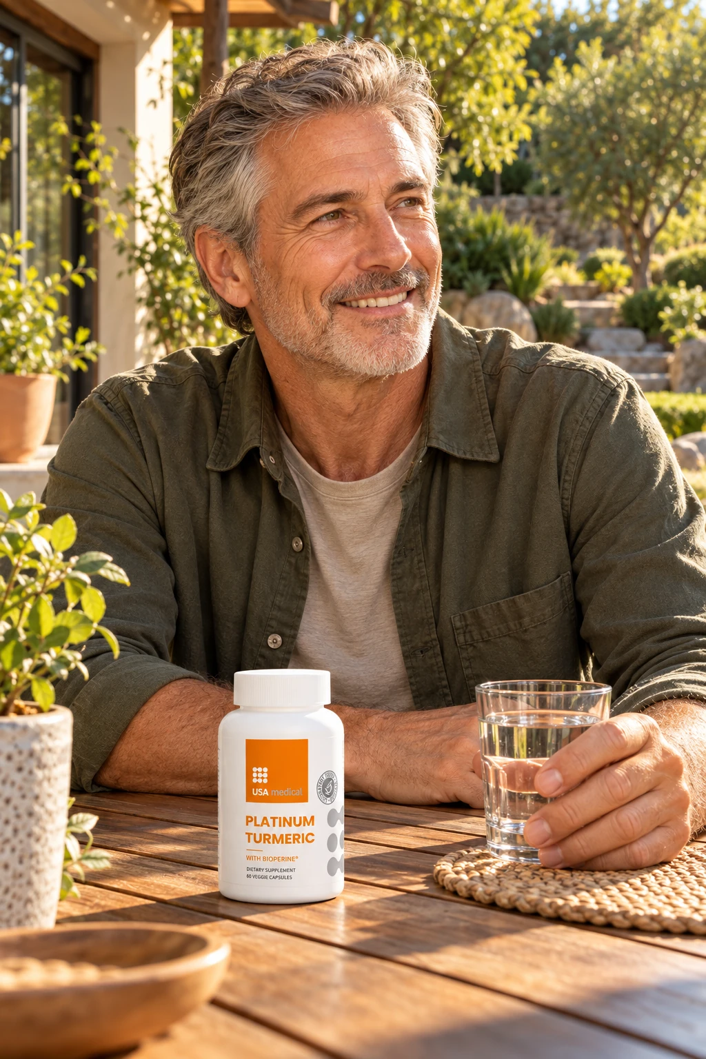 USA Medical Platinum Turmeric beside a man relaxing on his patio
