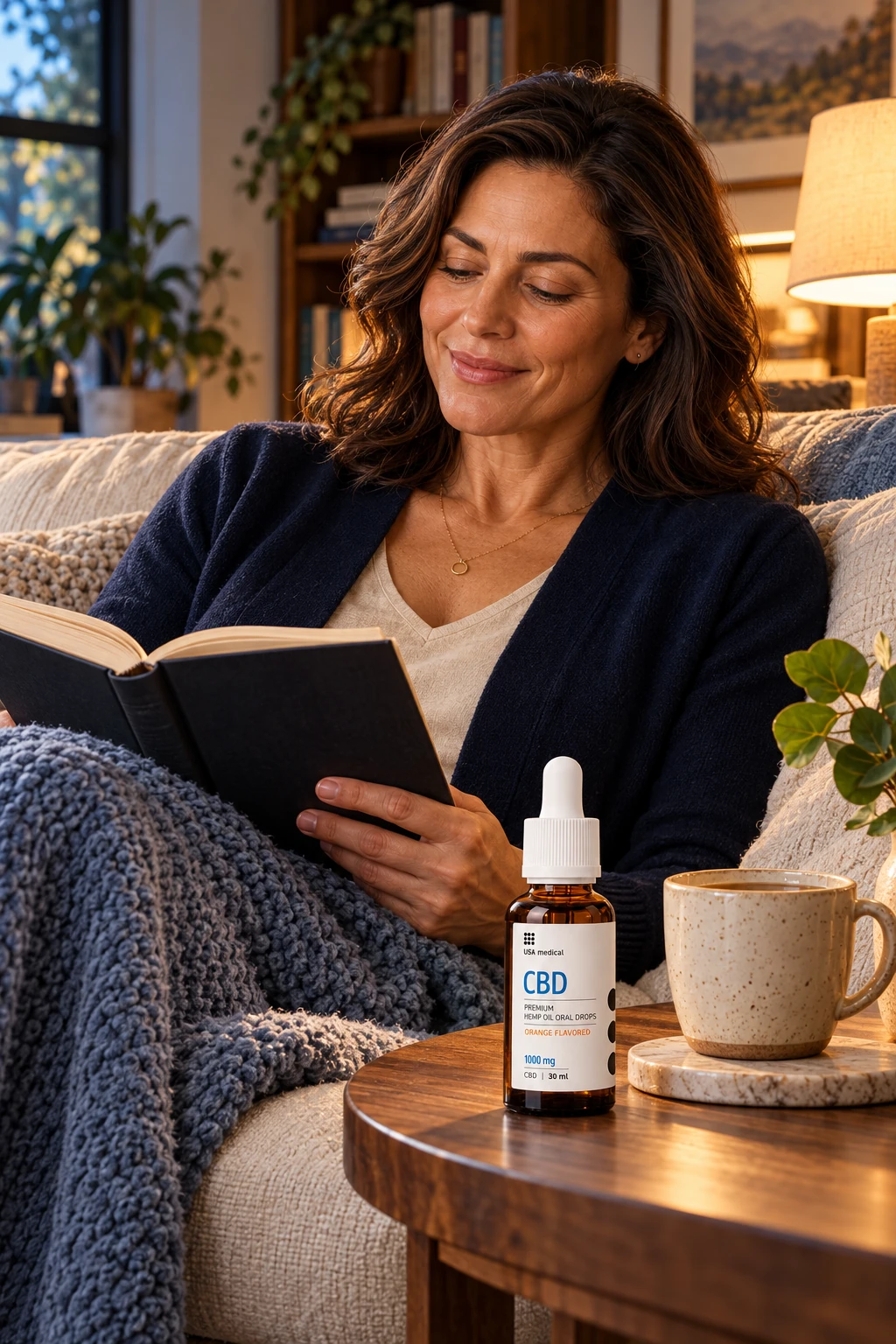 USA Medical CBD Peace oil beside a woman unwinding with a book