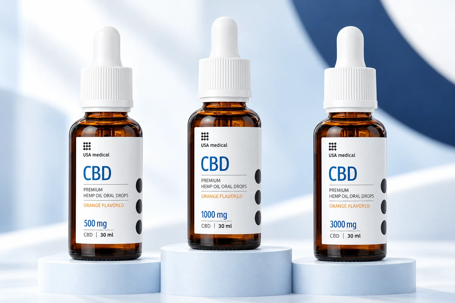 Three CBD oil bottles labeled 500 mg, 1,000 mg and 3,000 mg arranged side by side