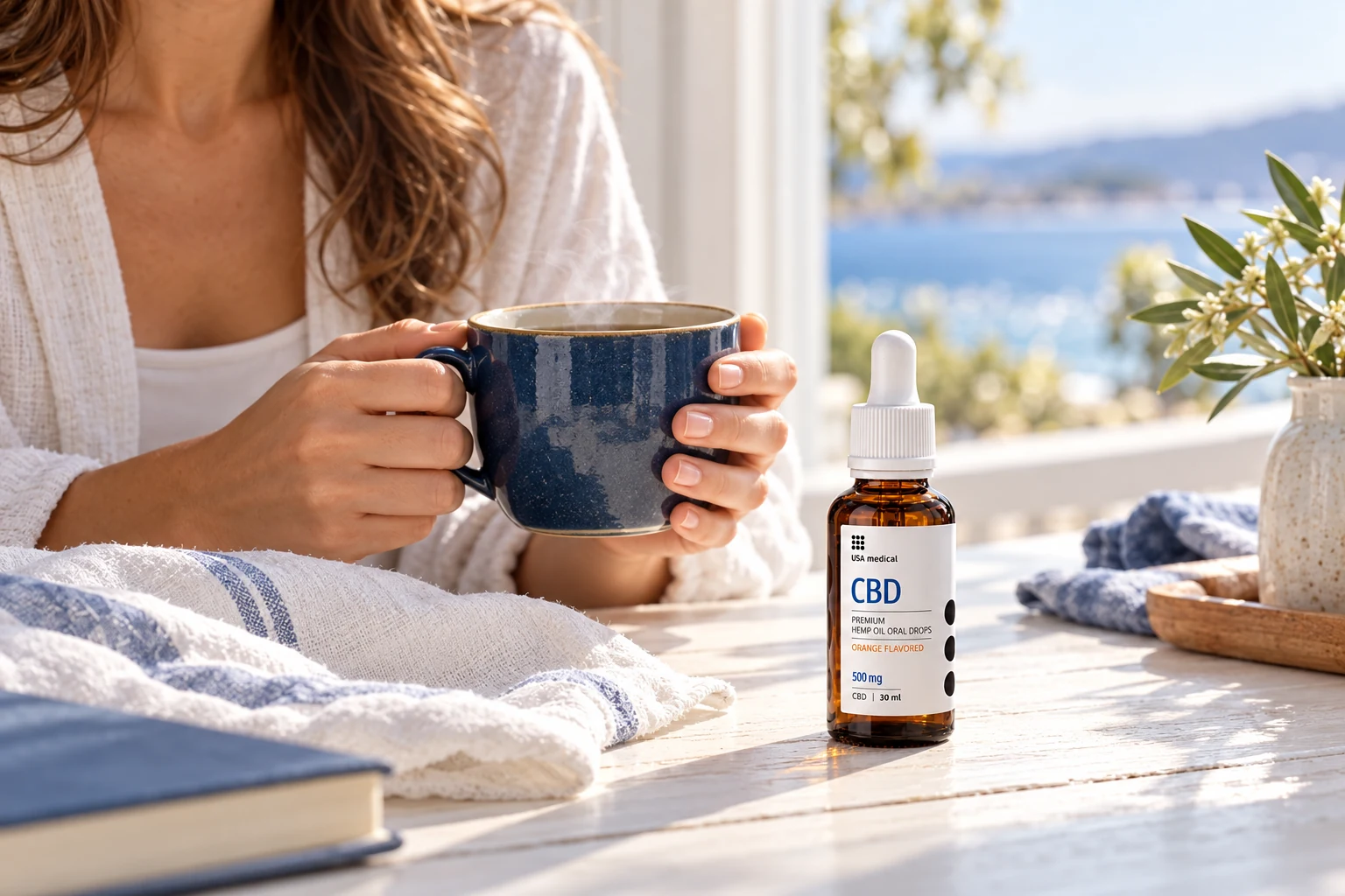 Illustrative morning scene with a cup of tea and USA Medical CBD Oil 500 mg