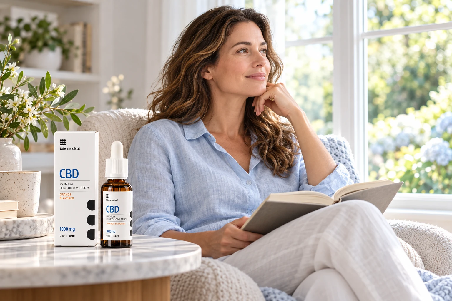 A woman reading at home beside a USA Medical CBD Oil 1,000 mg bottle and carton