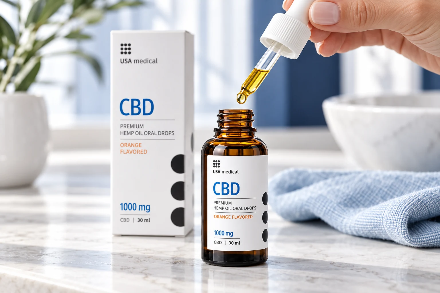 USA Medical CBD oil with its dropper on a bright bathroom counter