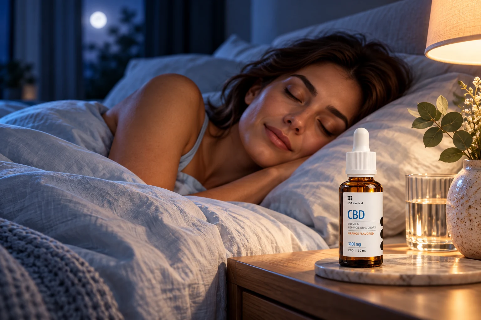 Illustrative blue-lit bedroom with USA Medical CBD Oil 3,000 mg on the nightstand