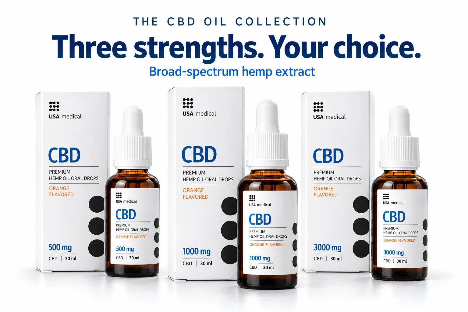 The CBD oil collection: broad-spectrum hemp extract in three bottle strengths, 500 mg, 1,000 mg, and 3,000 mg.