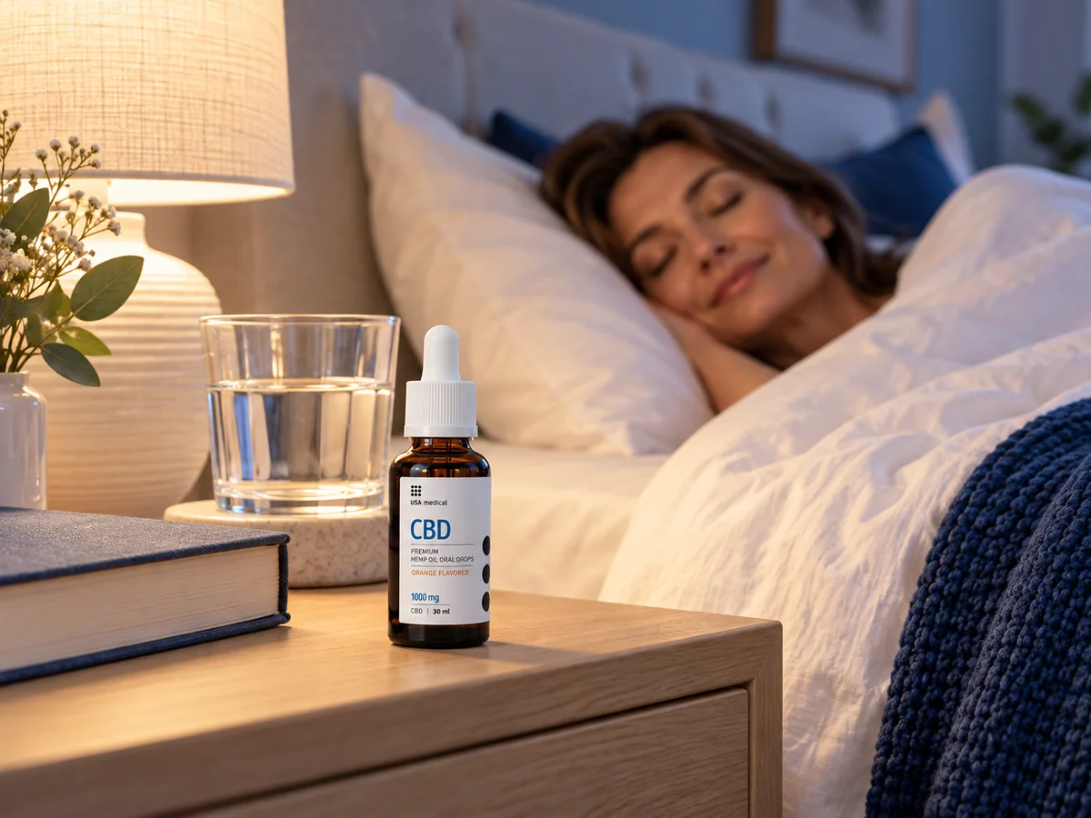 USA Medical CBD Oil 1,000 mg bottle on a bedside table in a quiet bedroom
