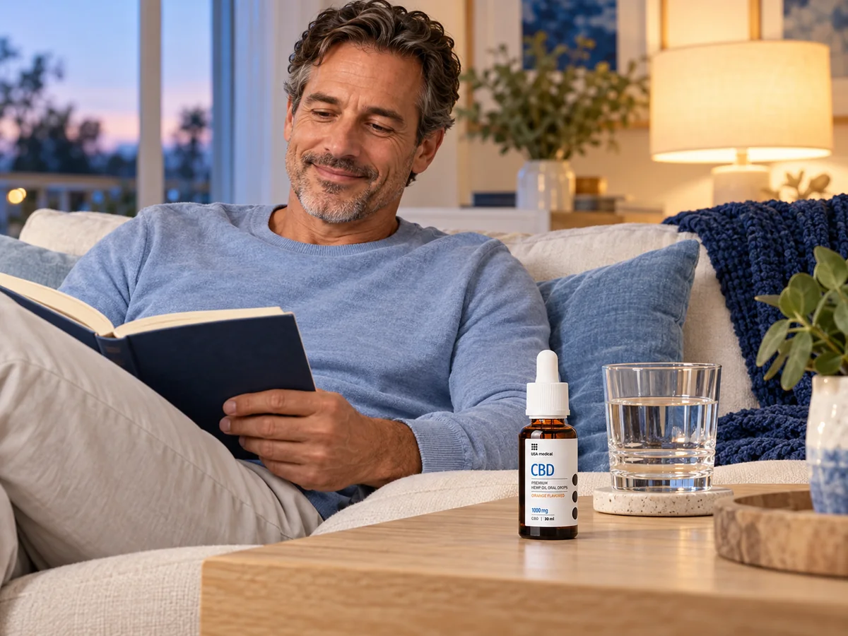 Illustrative evening routine with USA Medical CBD Oil 1,000 mg beside a man reading at home