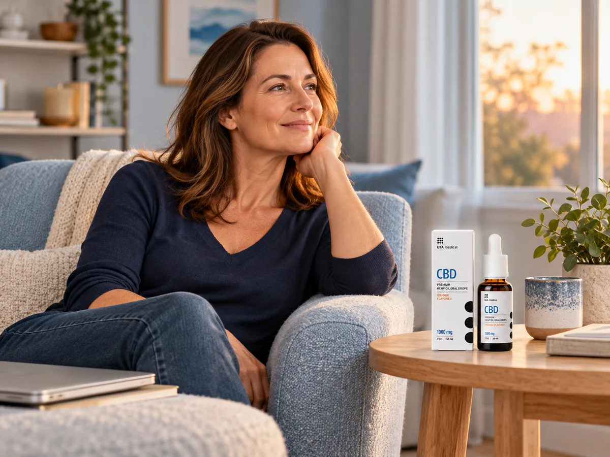 Illustrative evening scene with USA Medical CBD Oil 1,000 mg beside a woman at home after work