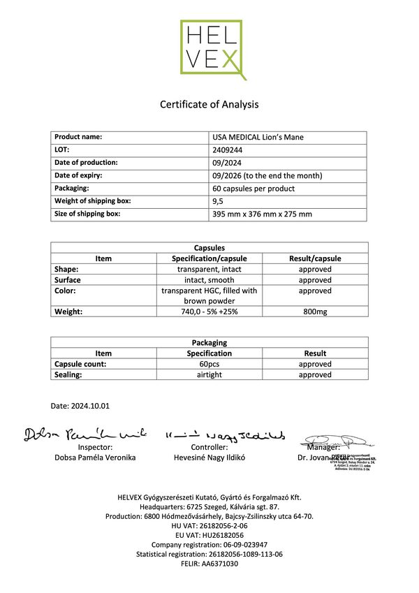 USA MEDICAL Lion's Mane COA (2409244)