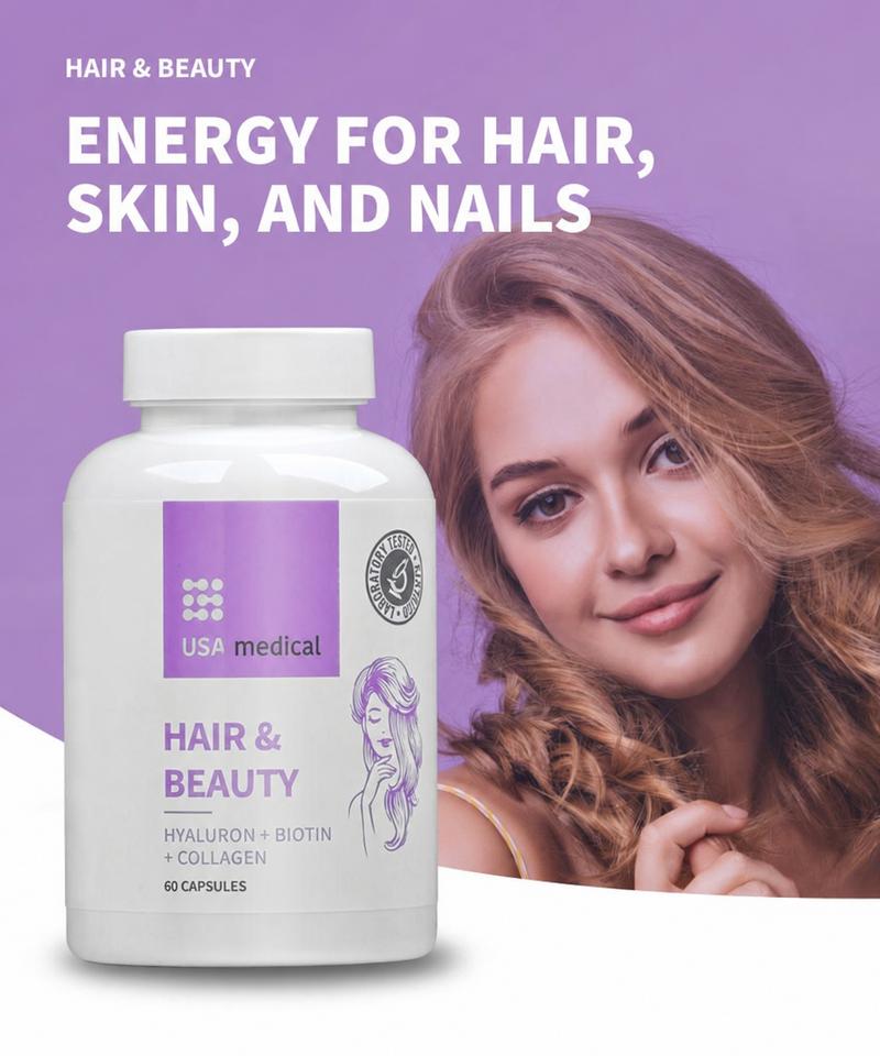 Hair Vitamin Capsules with Hyaluronic Acid, Collagen, and Biotin — 60 Count