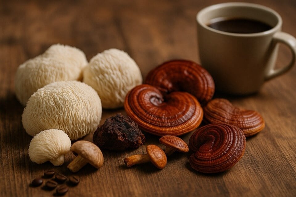 Mushroom coffee made from adaptogenic mushrooms on a table.