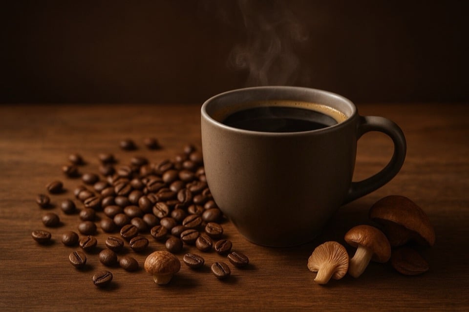 Arabica coffee steaming in a cup with coffee beans and mushrooms on a wooden table.