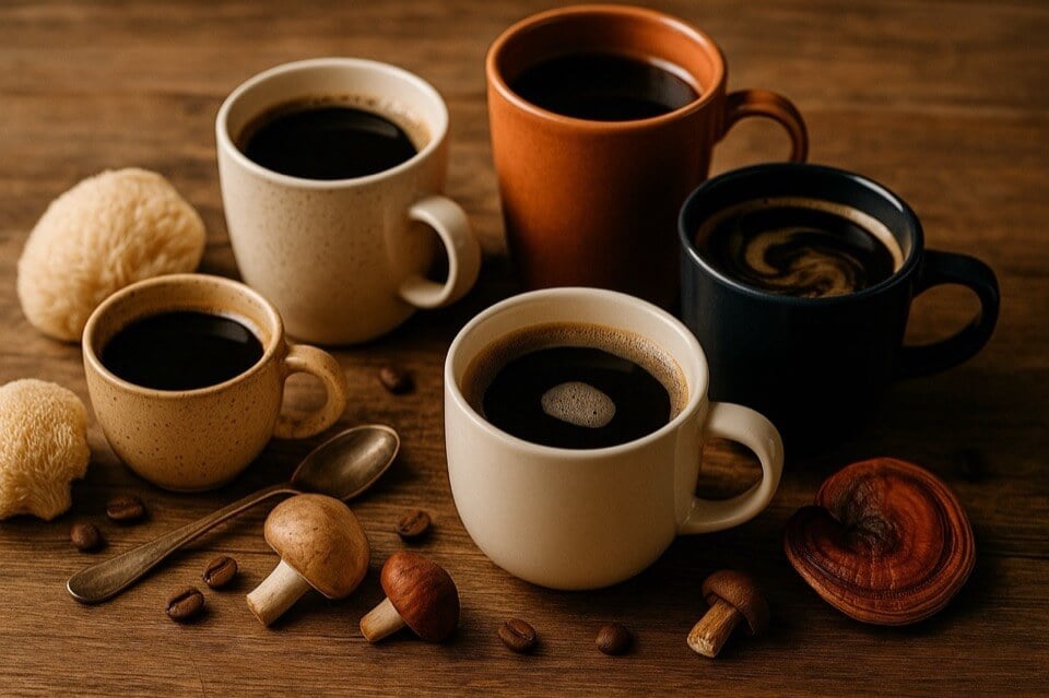 Mushroom coffee cup on a wooden table, alongside medicinal mushrooms as natural supplements