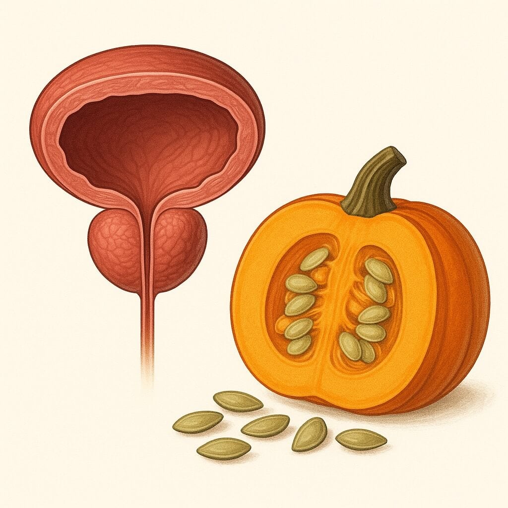 An anatomical illustration of the prostate and a halved pumpkin with seeds, visually illustrating the natural effects of pumpkin seed oil on prostate health.