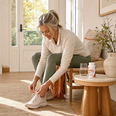 USA Medical Coenzyme Q10 beside a woman preparing for a morning walk at home