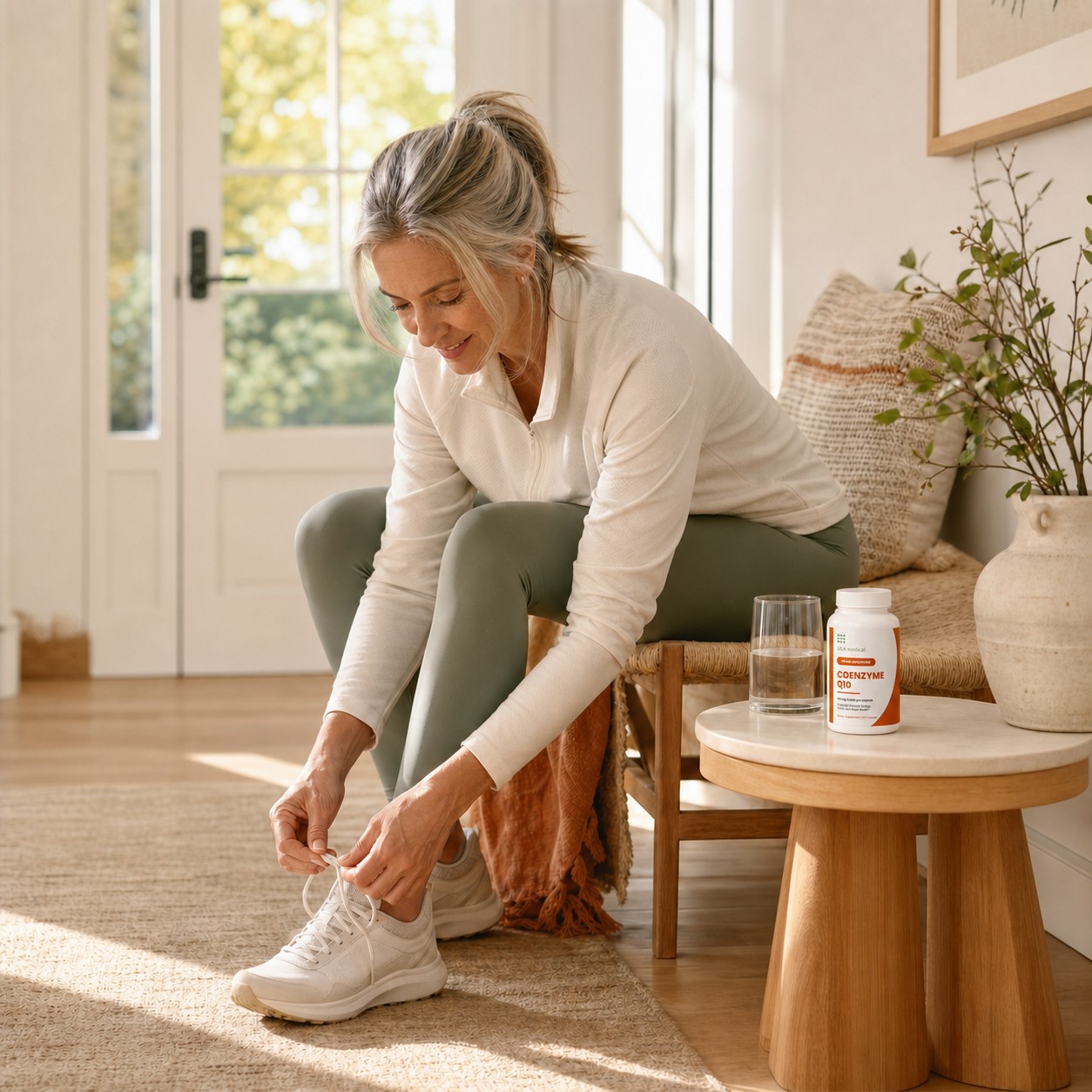 USA Medical Coenzyme Q10 beside a woman preparing for a morning walk at home