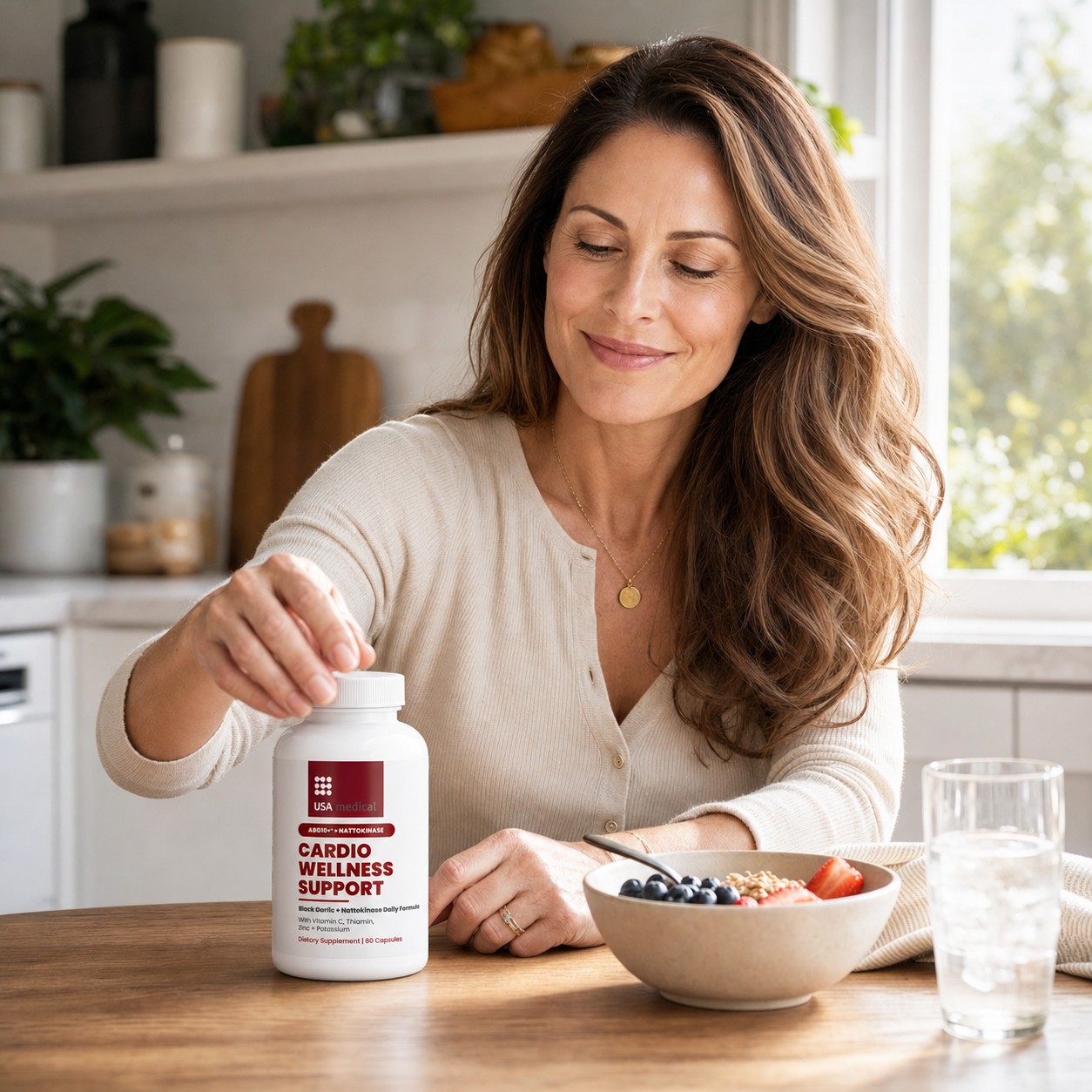 Woman opening USA Medical Cardio Wellness Support beside breakfast and water at home