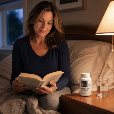 Woman reading before bed with USA Medical Magnesium Glycinate on the nightstand