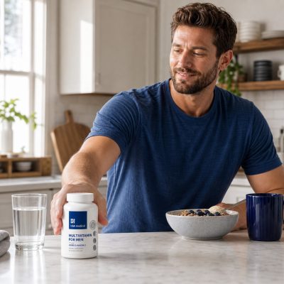 USA Medical Men's Multivitamin beside a man beginning his morning with breakfast and water