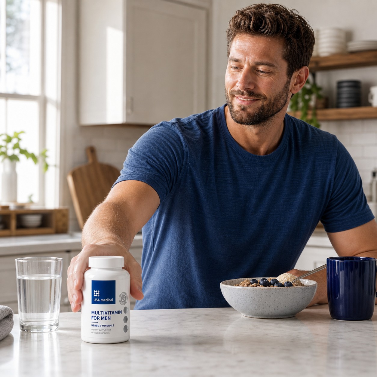 USA Medical Men's Multivitamin beside a man beginning his morning with breakfast and water