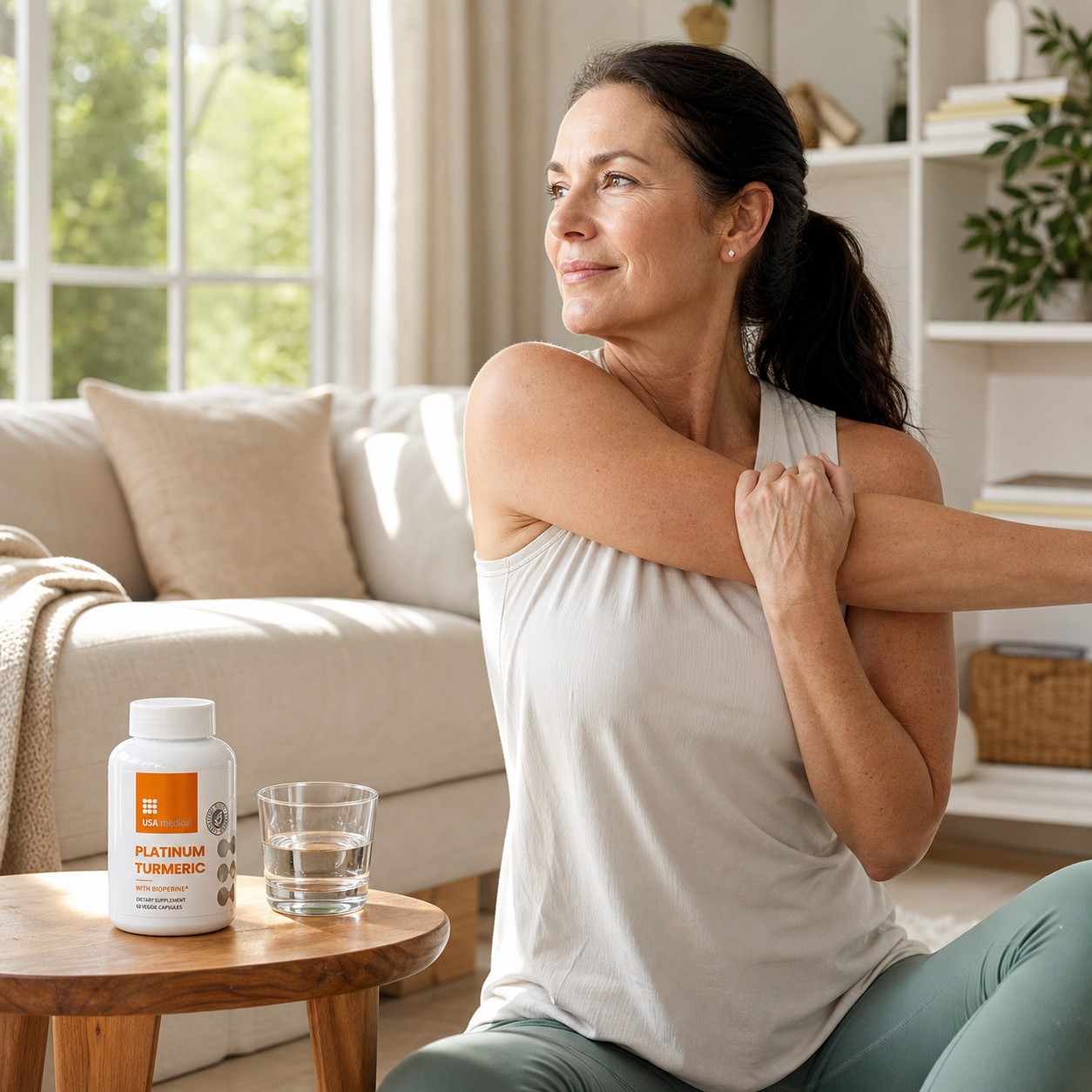 USA Medical Platinum Turmeric with BioPerine beside a woman stretching at home