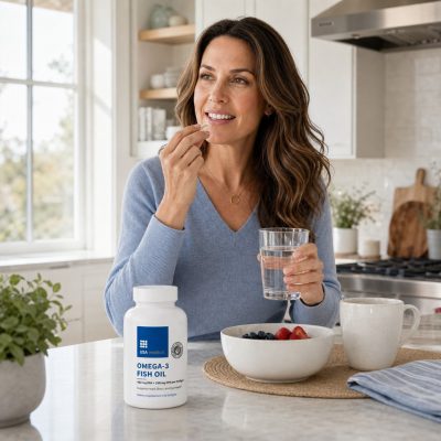Woman adding USA Medical Omega-3 Fish Oil to a meal-time wellness routine