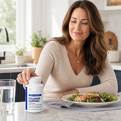 Woman adding USA Medical Fullness Support to a realistic meal-time routine