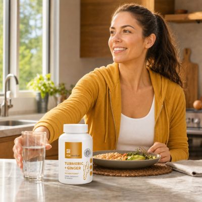 USA Medical Turmeric + Ginger with BioPerine beside a woman enjoying lunch and water at home
