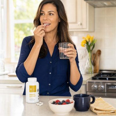 Woman adding USA Medical Immune Support to a simple morning wellness routine