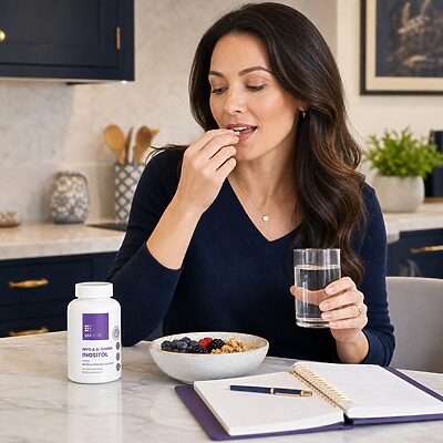 Woman adding USA Medical Myo + D-Chiro Inositol to a calm morning routine