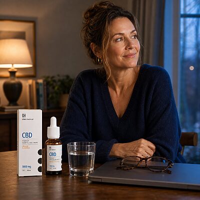 USA Medical CBD Oil 3,000 mg beside a woman finishing a demanding day