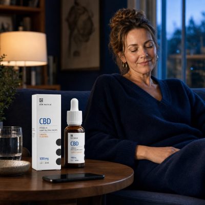 USA Medical CBD Oil 1,000 mg beside a woman relaxing with a book at home