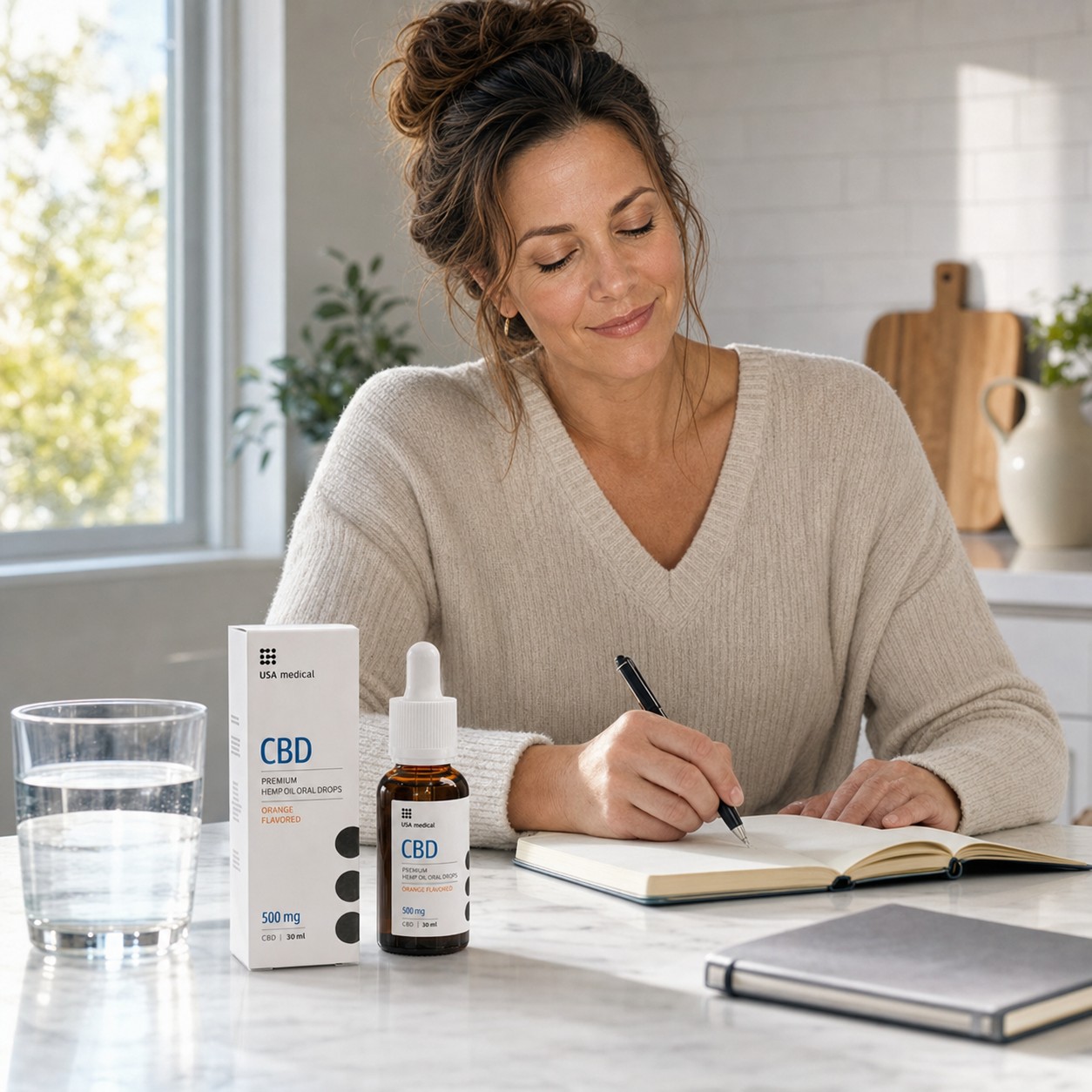 USA Medical CBD Oil 500 mg beside a woman beginning a quiet morning routine