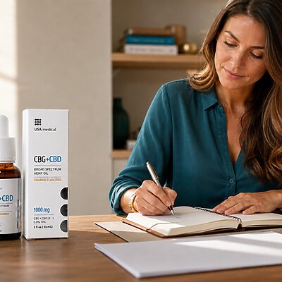 USA Medical CBG plus CBD Oil 1,000 mg beside a woman planning a focused day