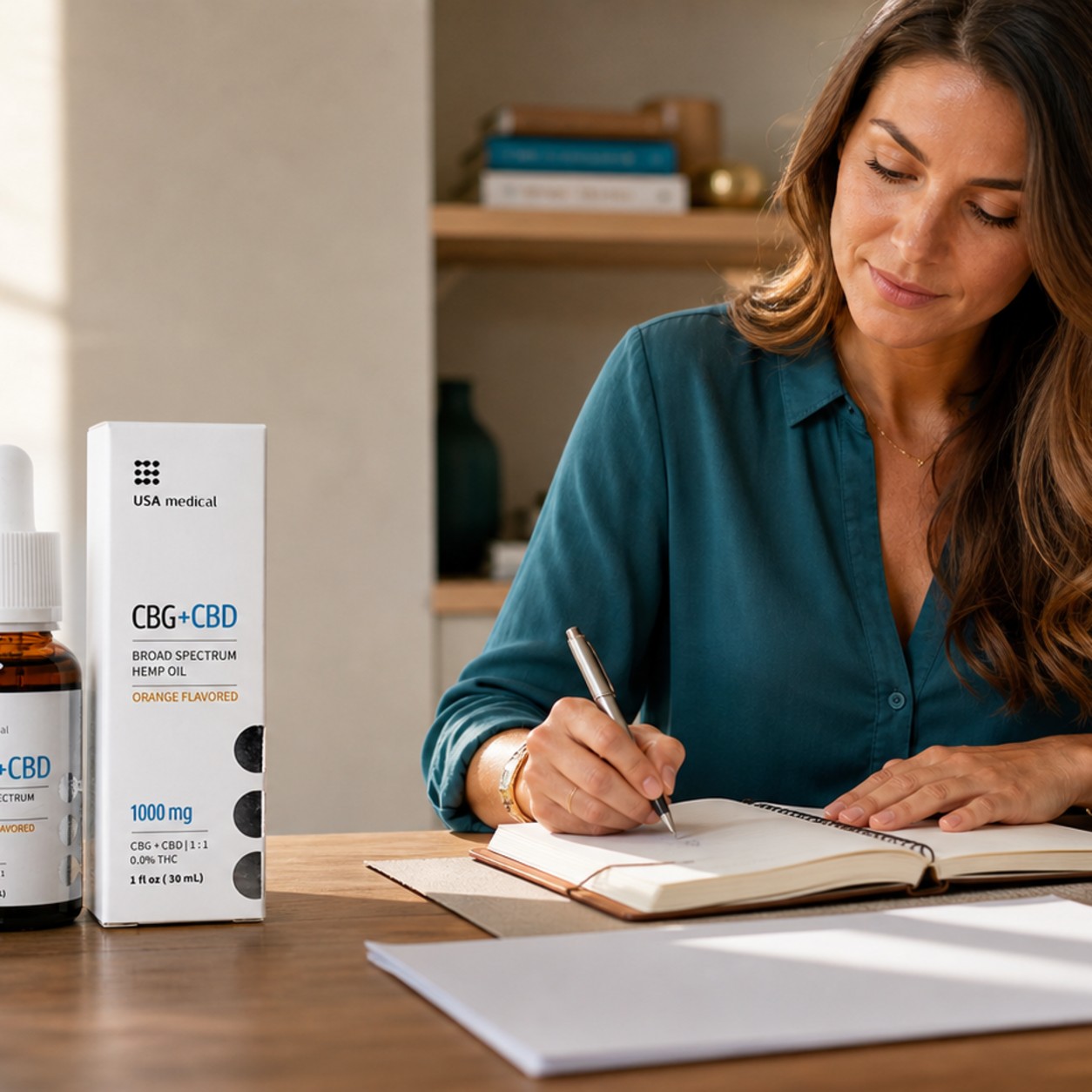USA Medical CBG plus CBD Oil 1,000 mg beside a woman planning a focused day