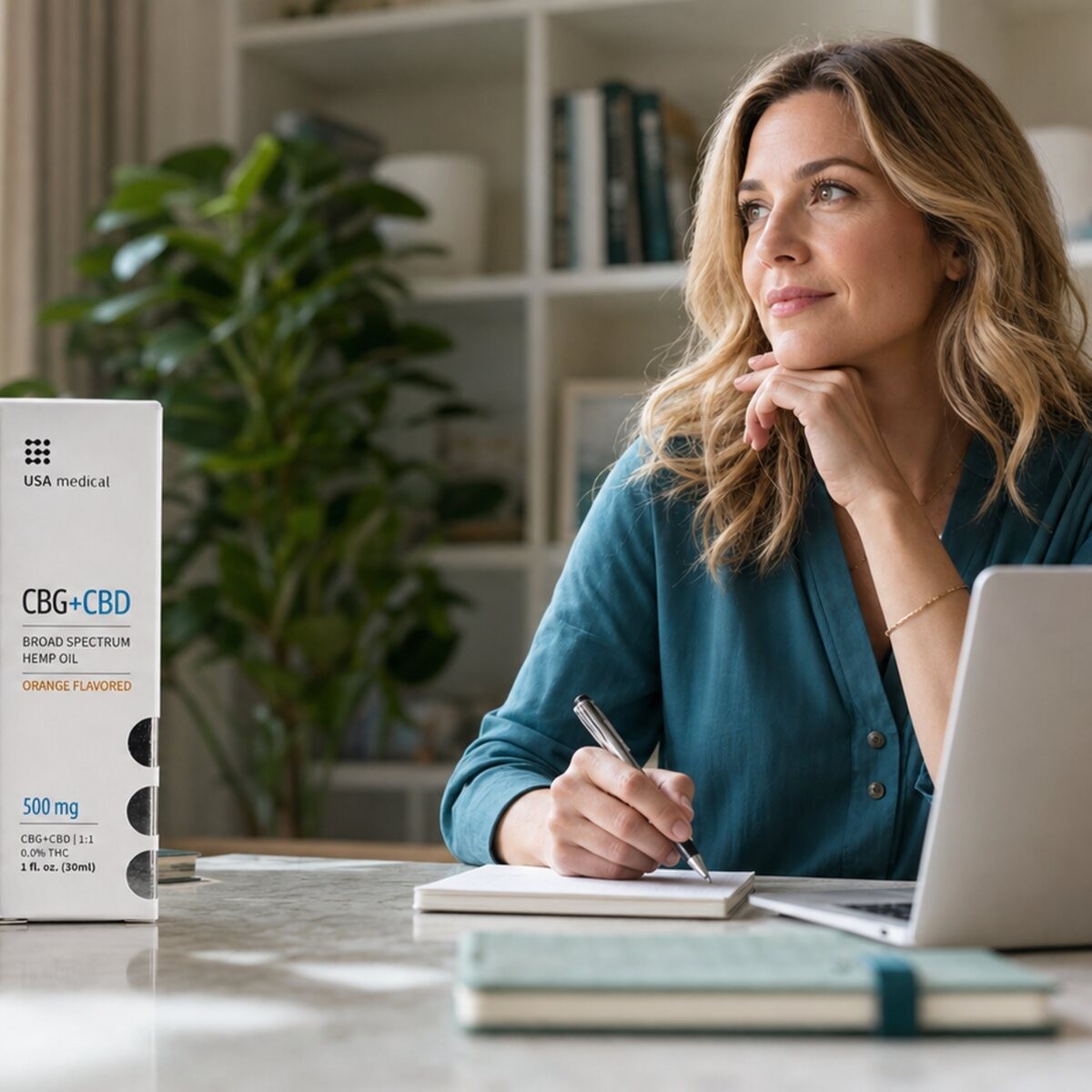 USA Medical CBG plus CBD Oil 500 mg beside a woman planning a clear, steady day