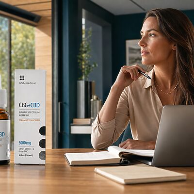 USA Medical CBG plus CBD Oil 3,000 mg beside a woman preparing for a demanding day