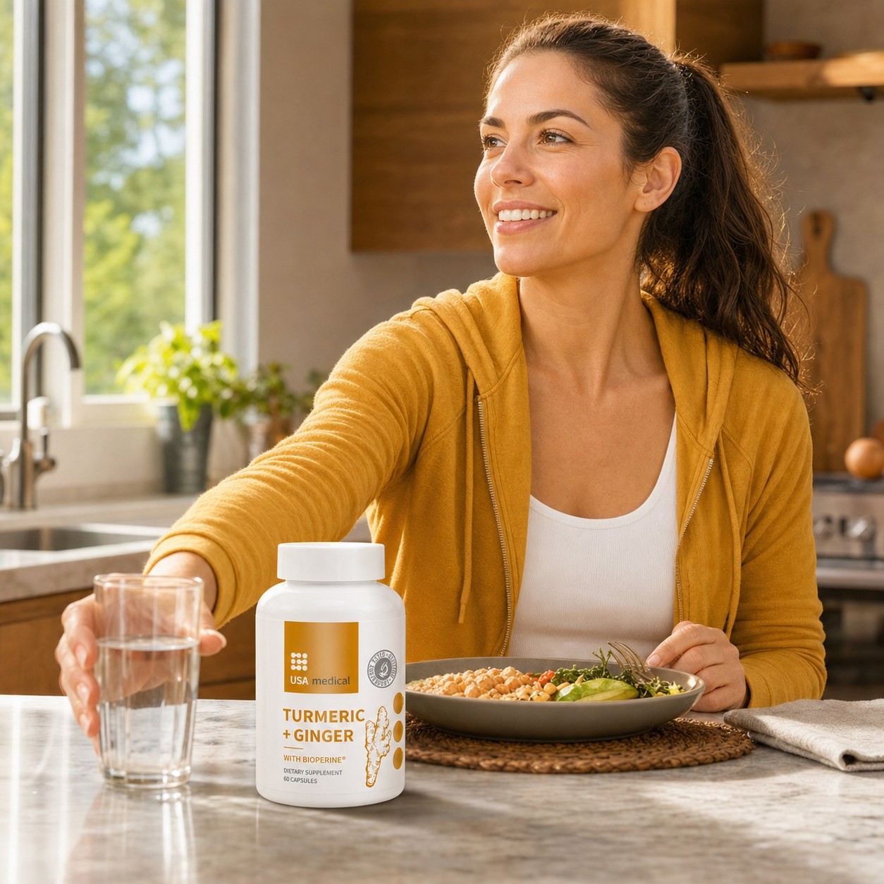 USA Medical Turmeric + Ginger with BioPerine beside a woman enjoying lunch and water at home