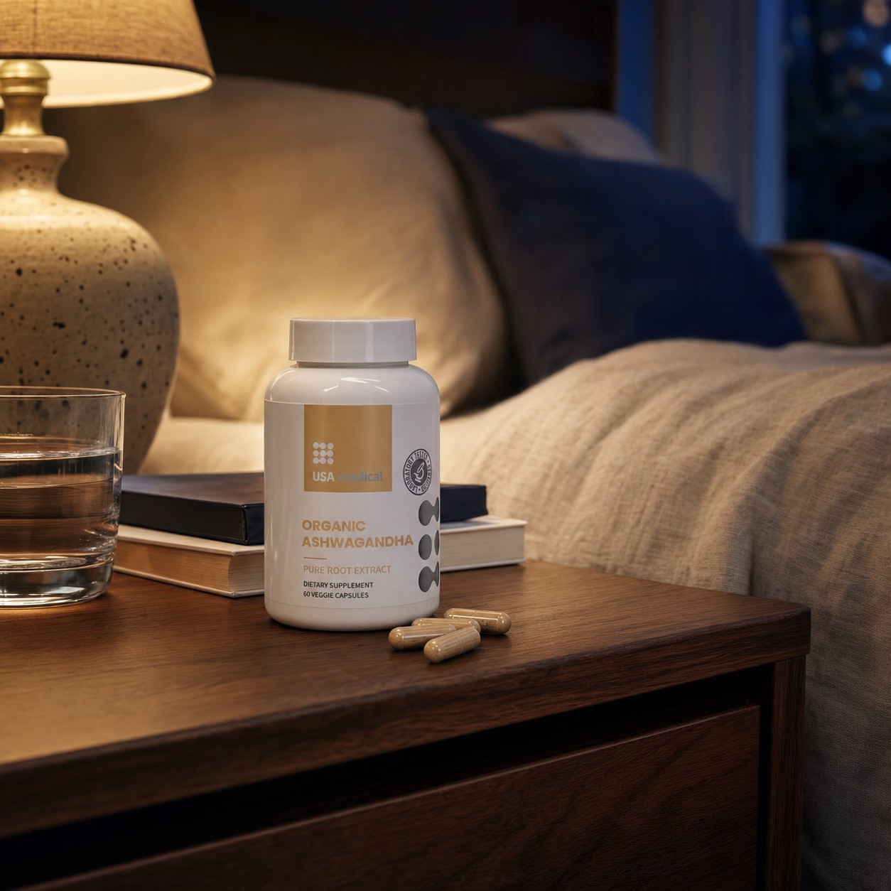 USA Medical Organic Ashwagandha bottle naturally placed on a bedroom nightstand beside water and a warm lamp