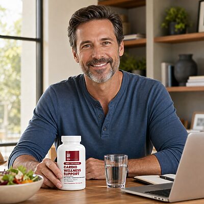 Man with USA Medical Cardio Wellness Support, lunch, and water in a home office