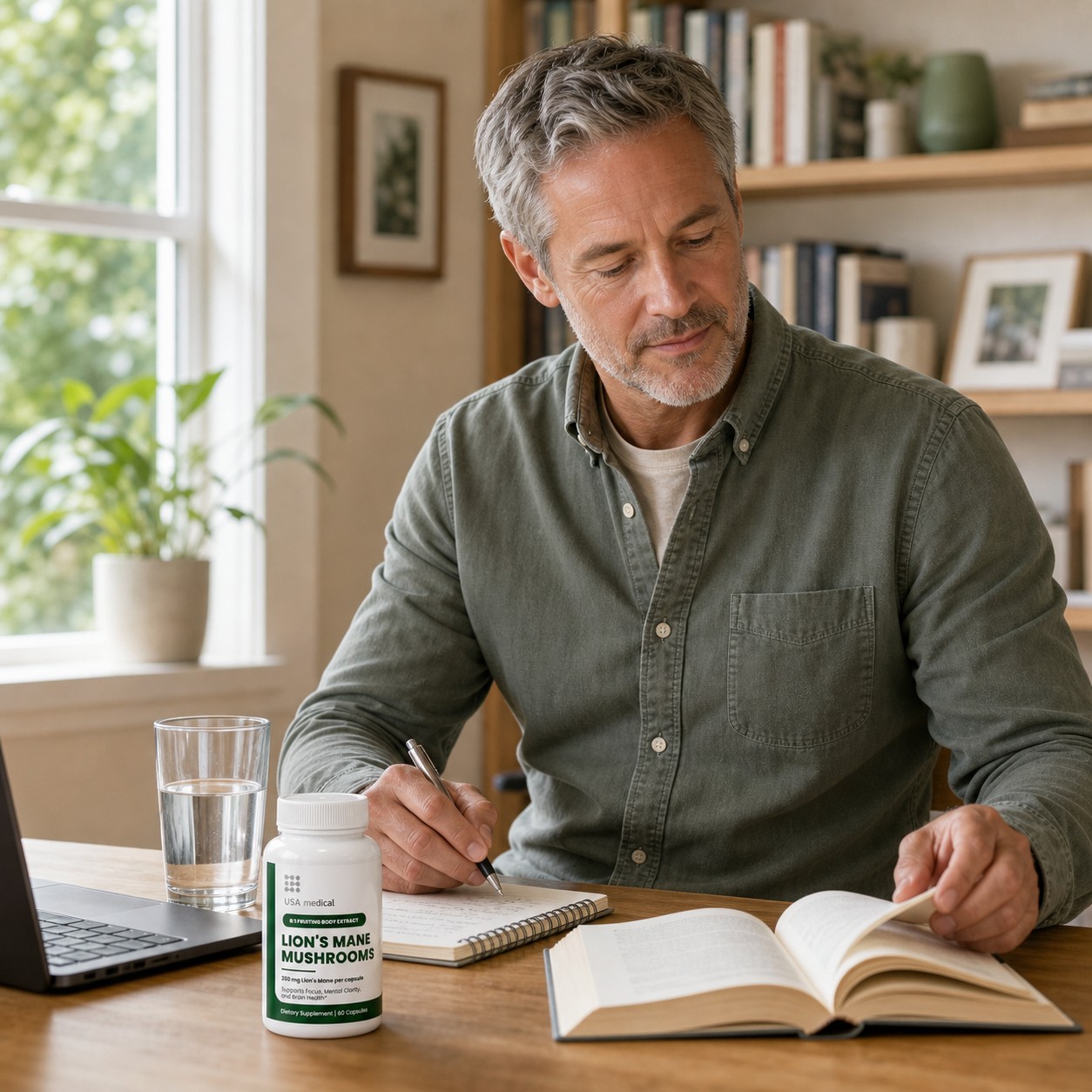 USA Medical Lion's Mane beside a man planning his day in a bright home office