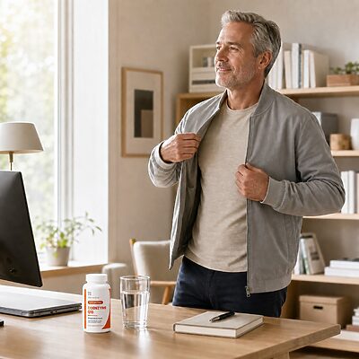 USA Medical Coenzyme Q10 beside a man beginning an active day from his home office