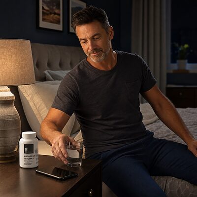 Man beginning his bedtime routine with USA Medical Magnesium Glycinate on the nightstand