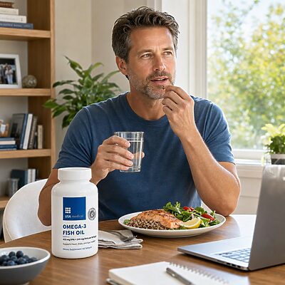 Man adding USA Medical Omega-3 Fish Oil to a meal-time wellness routine