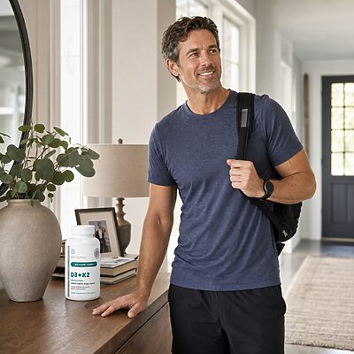 Man with USA Medical Vitamin D3 + K2 after an active morning routine