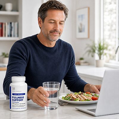 Man adding USA Medical Fullness Support to a realistic midday meal routine
