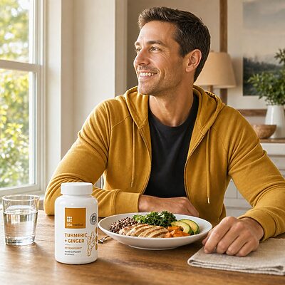USA Medical Turmeric + Ginger with BioPerine beside a man enjoying lunch and water at home