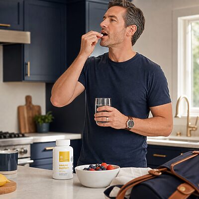 Man adding USA Medical Immune Support to a simple morning wellness routine
