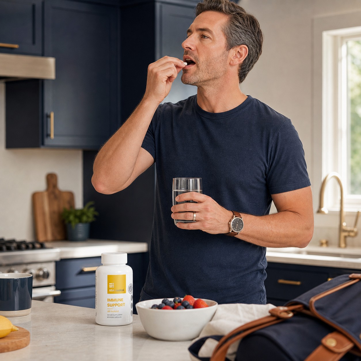Man adding USA Medical Immune Support to a simple morning wellness routine