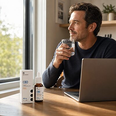 USA Medical CBD Oil 500 mg beside a man taking a quiet afternoon pause