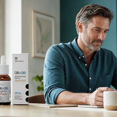 USA Medical CBG plus CBD Oil 500 mg beside a man beginning a focused home routine